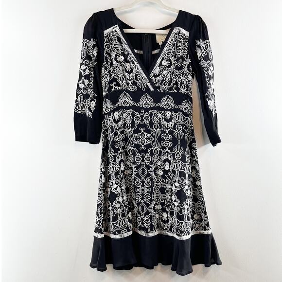 Vanessa Virginia by Anthropologie V Neck Embroidered Coquette Dress Black 2 NWT - Picture 4 of 14